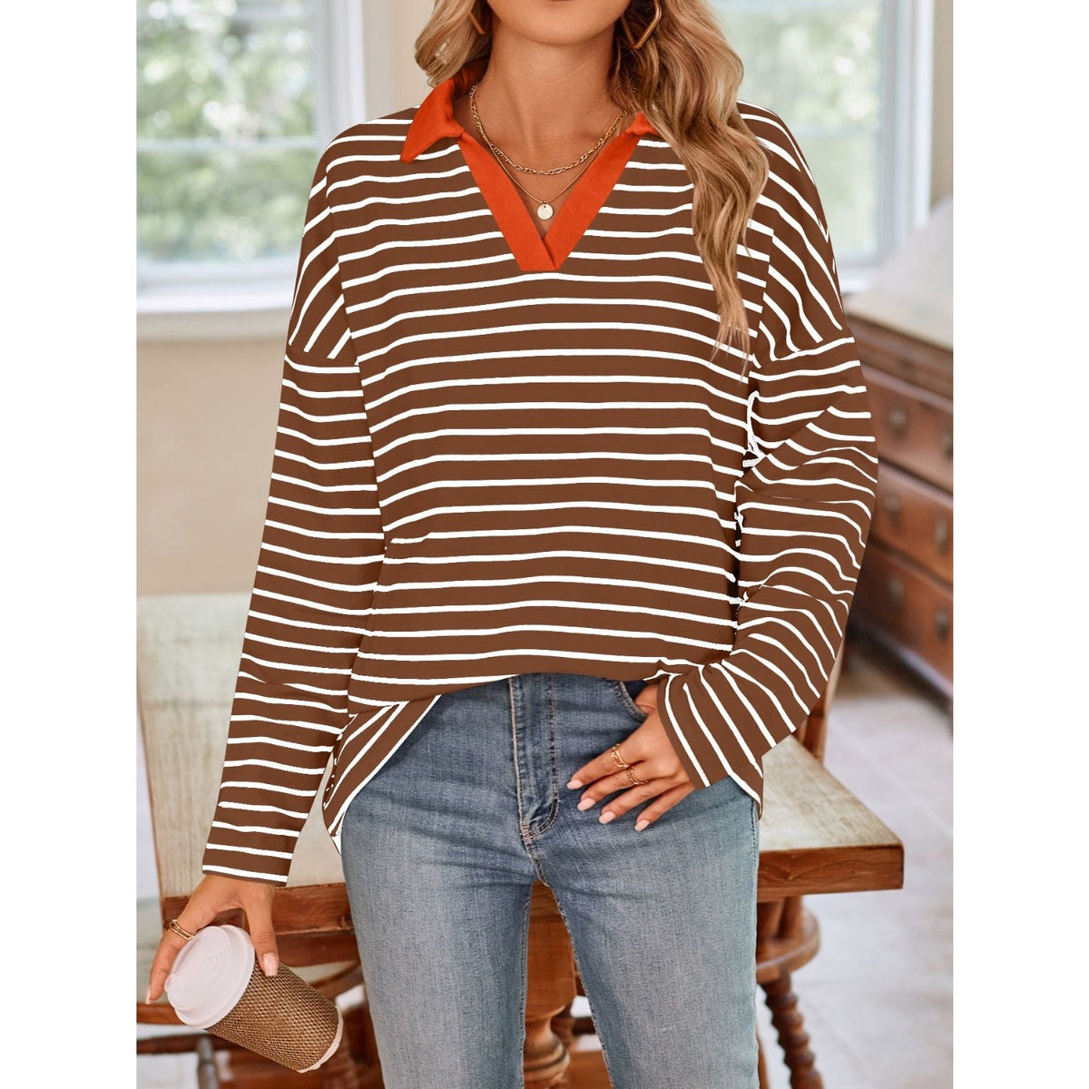 Striped Johnny Collar Long Sleeve T-Shirt