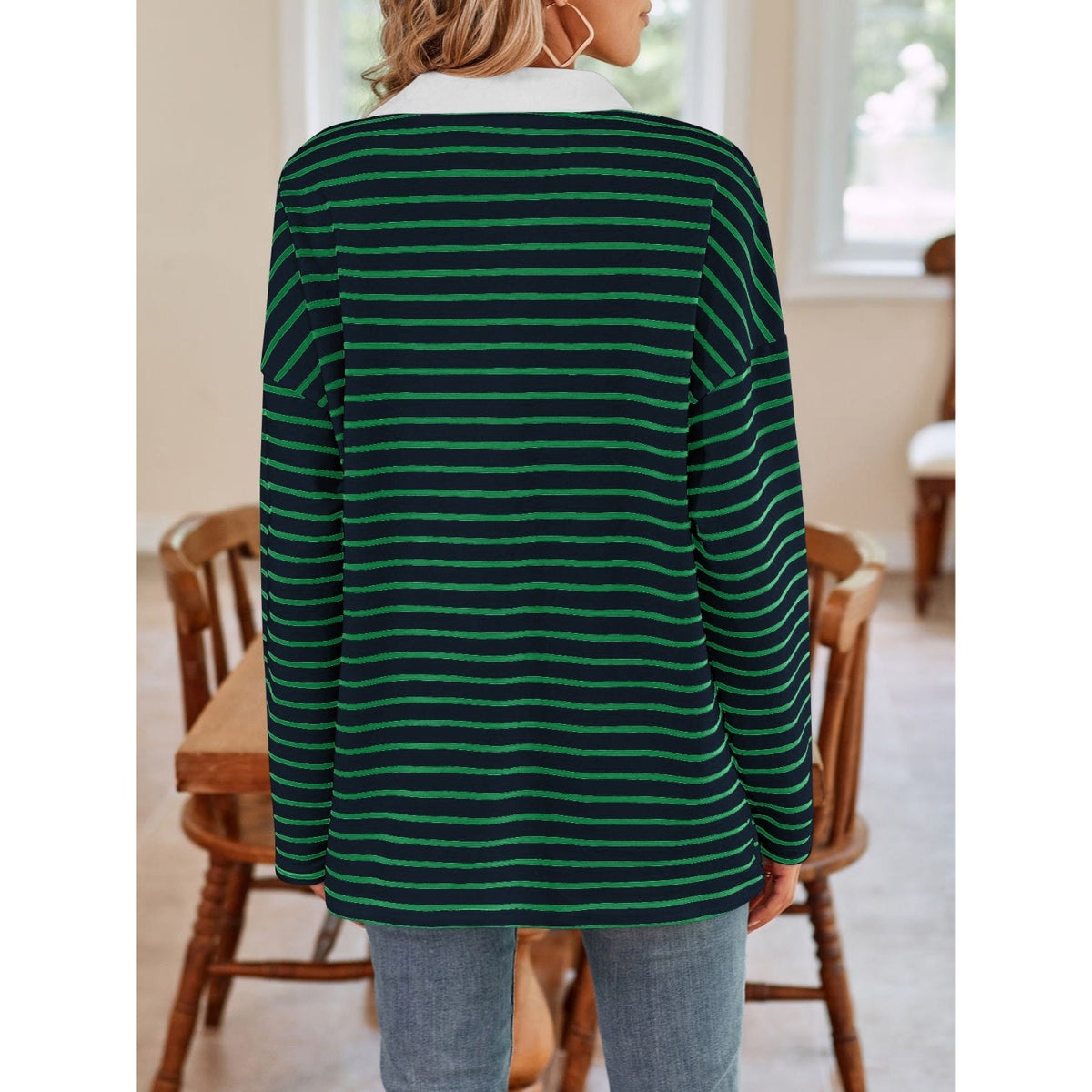 Striped Johnny Collar Long Sleeve T-Shirt