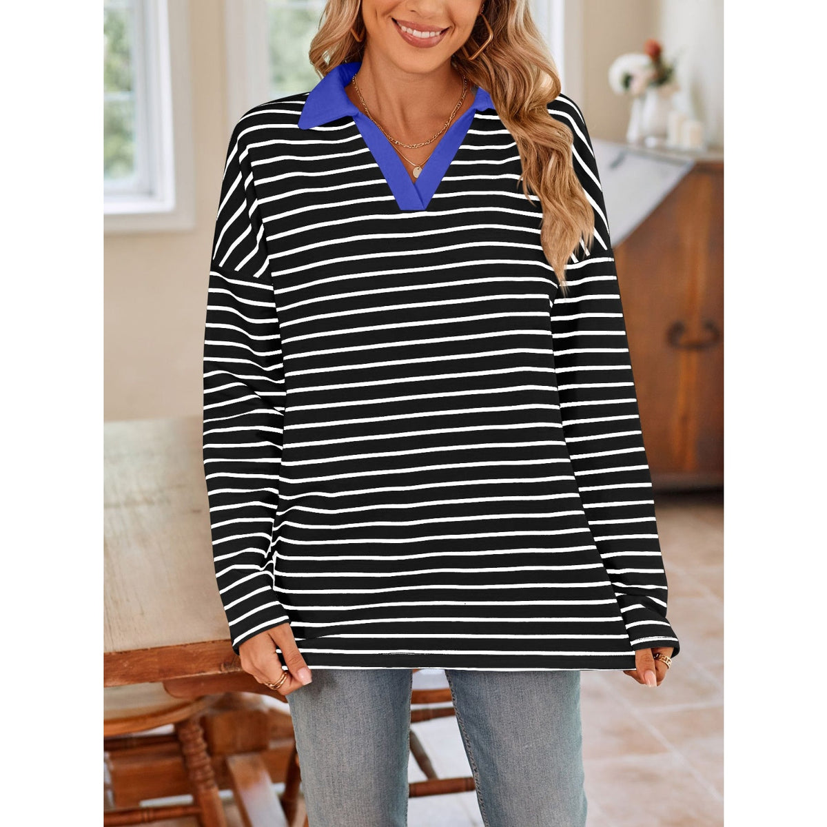 Striped Johnny Collar Long Sleeve T-Shirt