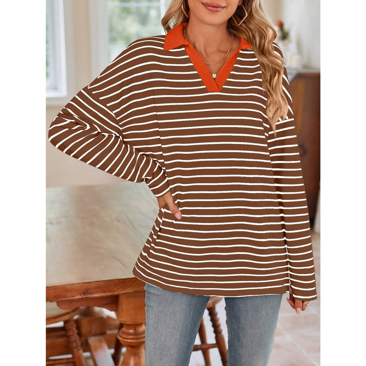 Striped Johnny Collar Long Sleeve T-Shirt