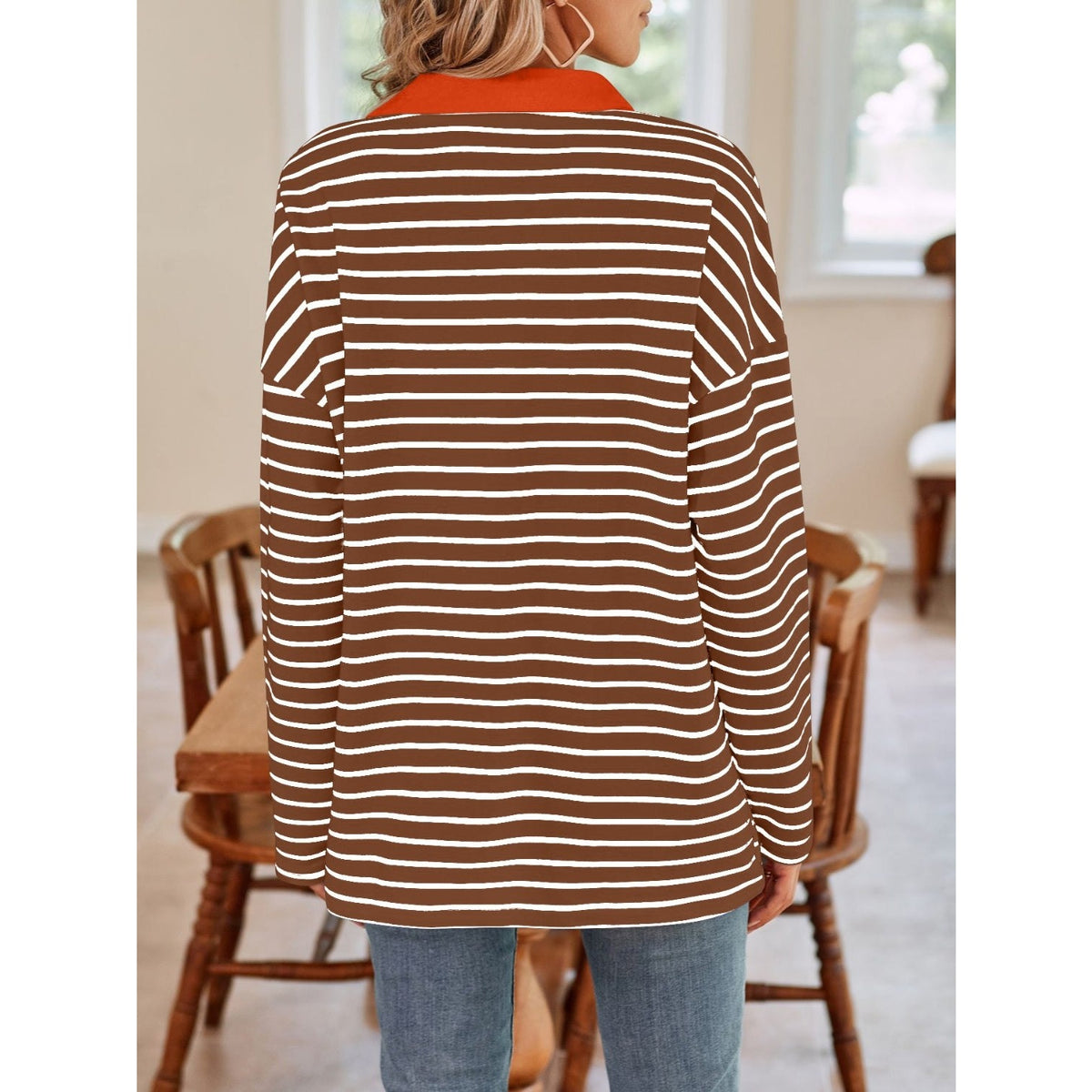 Striped Johnny Collar Long Sleeve T-Shirt