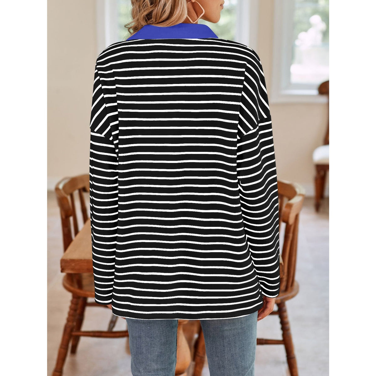 Striped Johnny Collar Long Sleeve T-Shirt