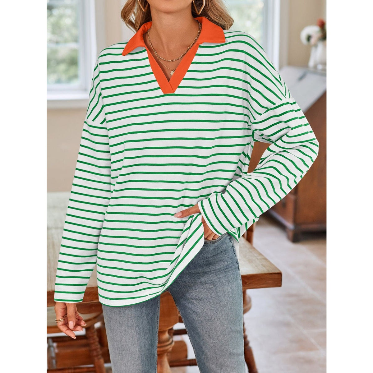 Striped Johnny Collar Long Sleeve T-Shirt