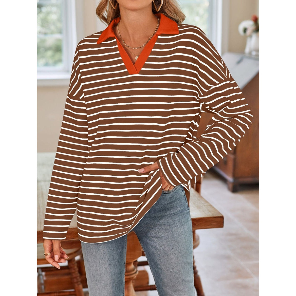 Striped Johnny Collar Long Sleeve T-Shirt