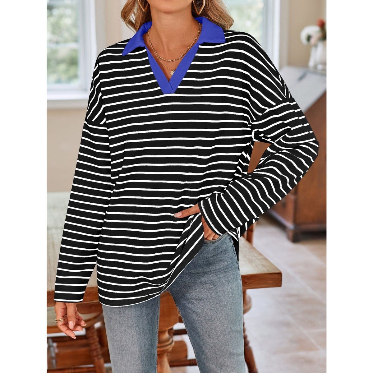 Striped Johnny Collar Long Sleeve T-Shirt