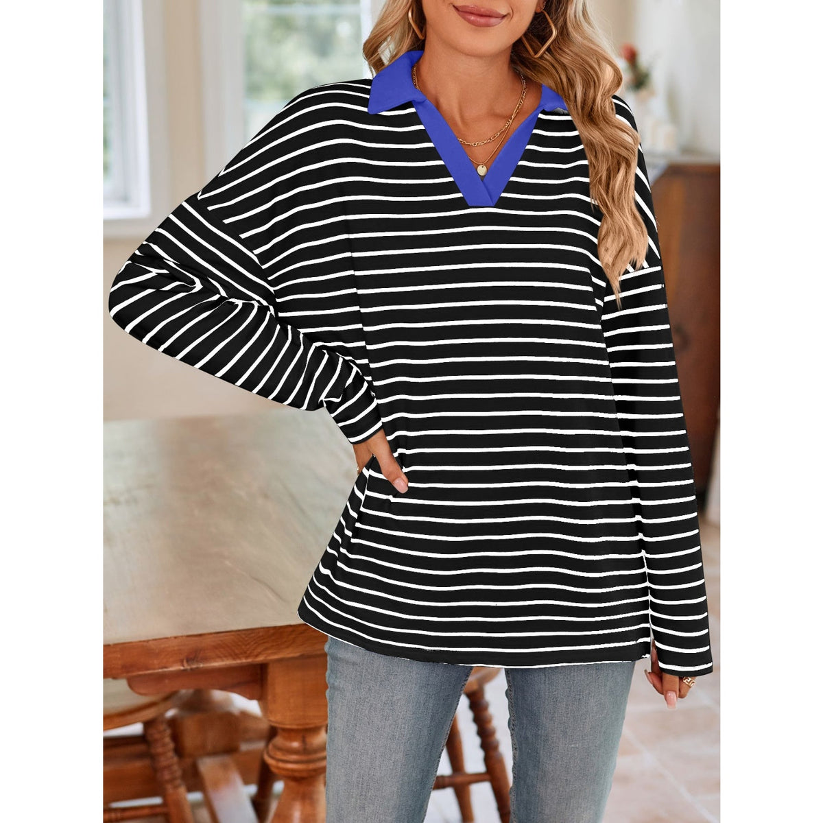 Striped Johnny Collar Long Sleeve T-Shirt