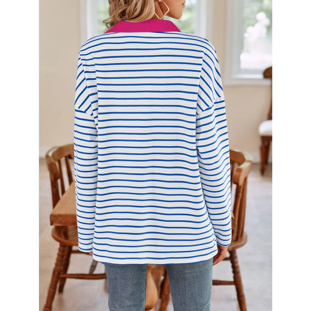 Striped Johnny Collar Long Sleeve T-Shirt