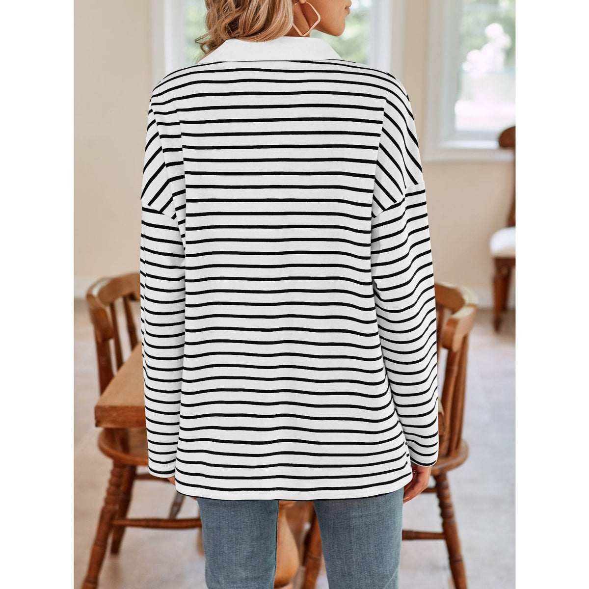 Striped Johnny Collar Long Sleeve T-Shirt