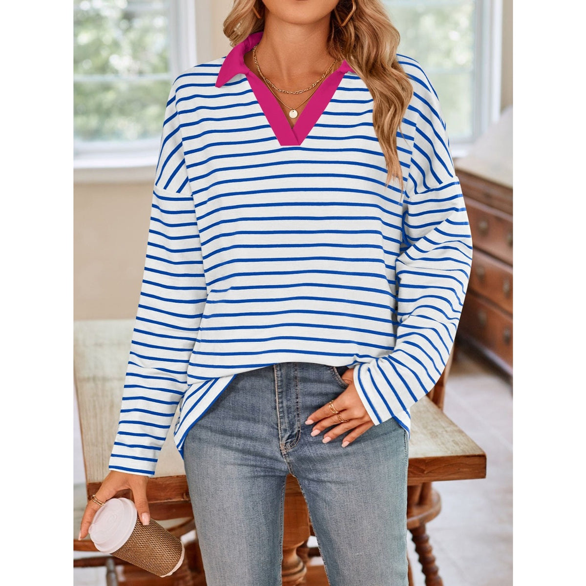 Striped Johnny Collar Long Sleeve T-Shirt