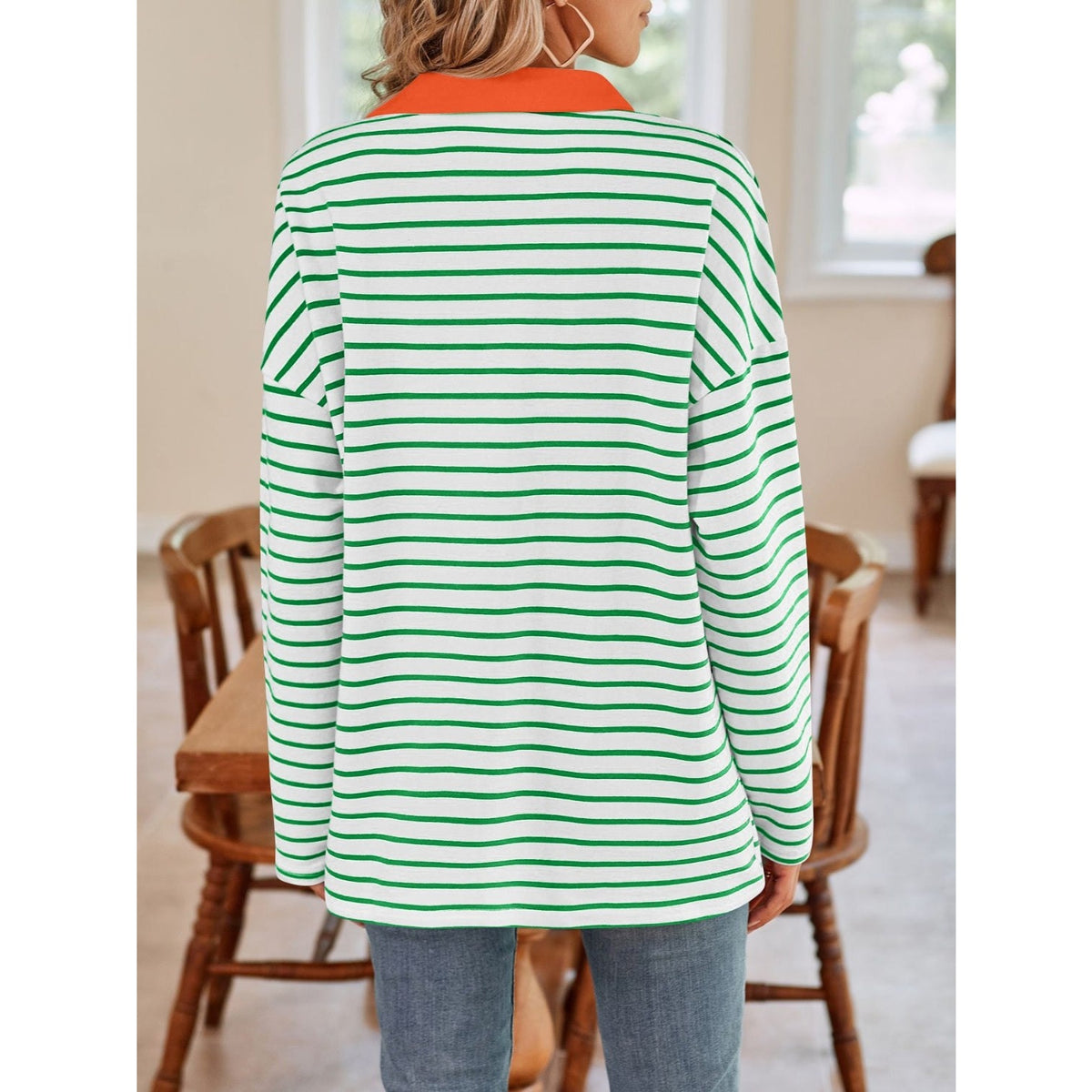 Striped Johnny Collar Long Sleeve T-Shirt