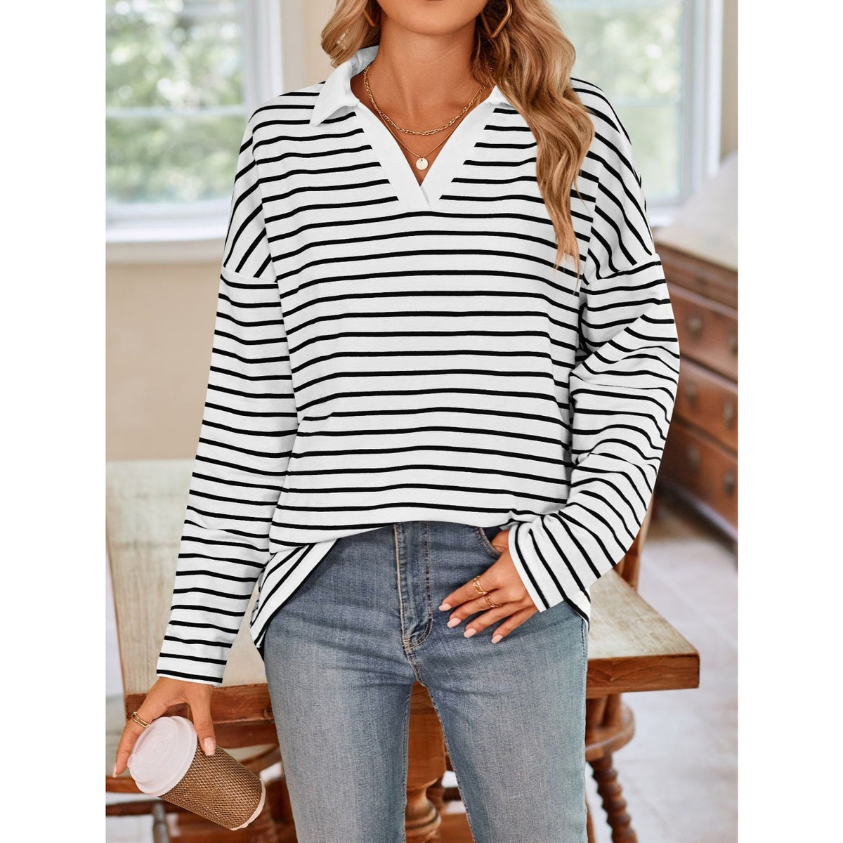 Striped Johnny Collar Long Sleeve T-Shirt