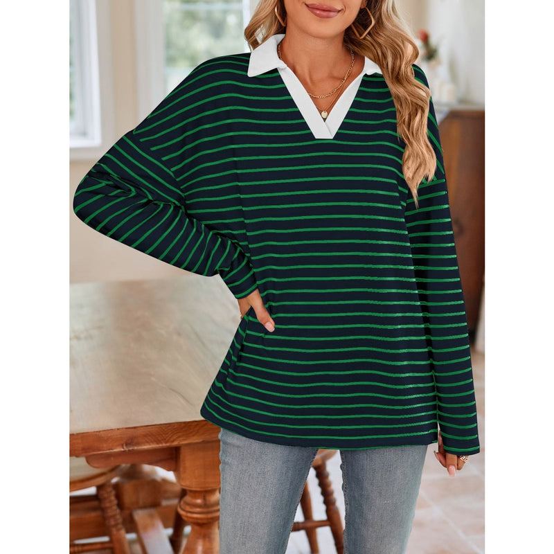 Striped Johnny Collar Long Sleeve T-Shirt