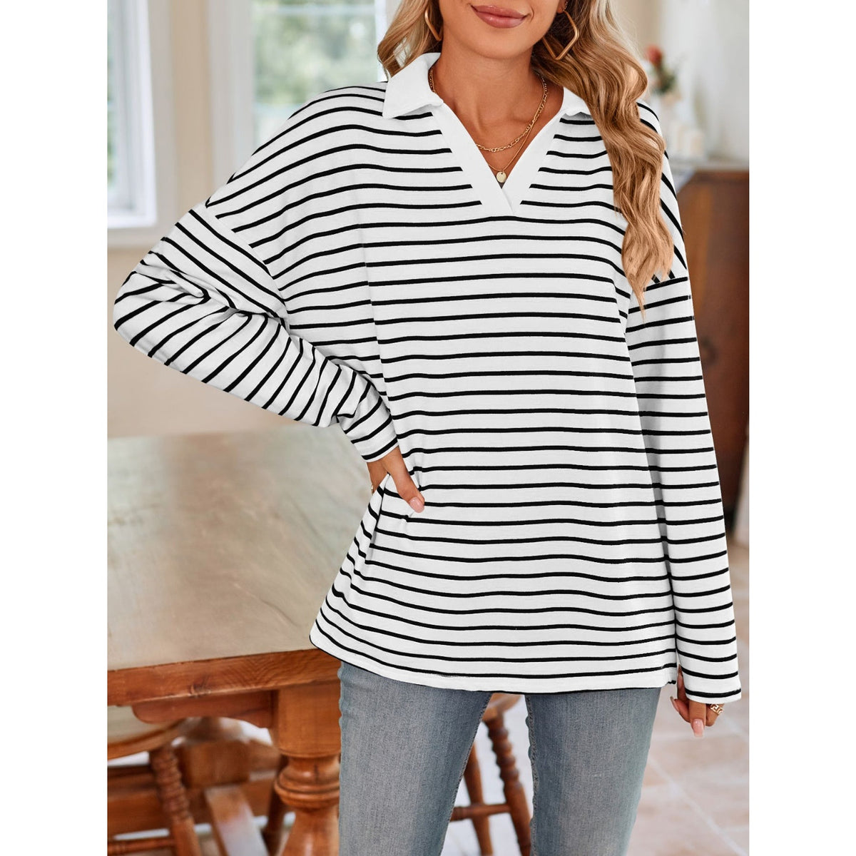 Striped Johnny Collar Long Sleeve T-Shirt