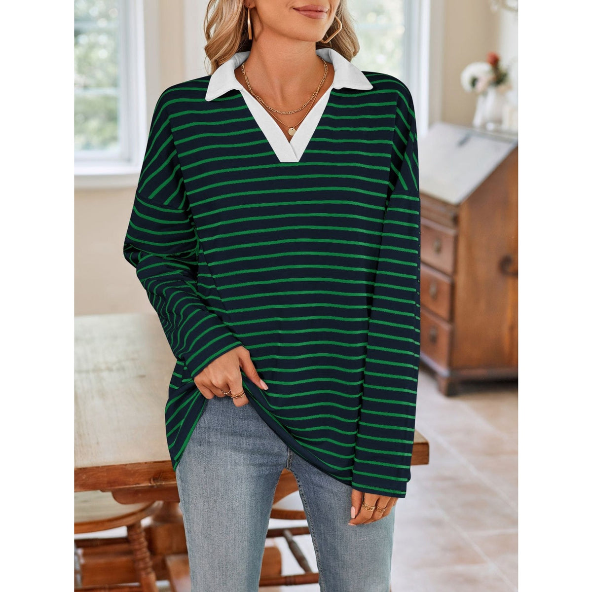 Striped Johnny Collar Long Sleeve T-Shirt