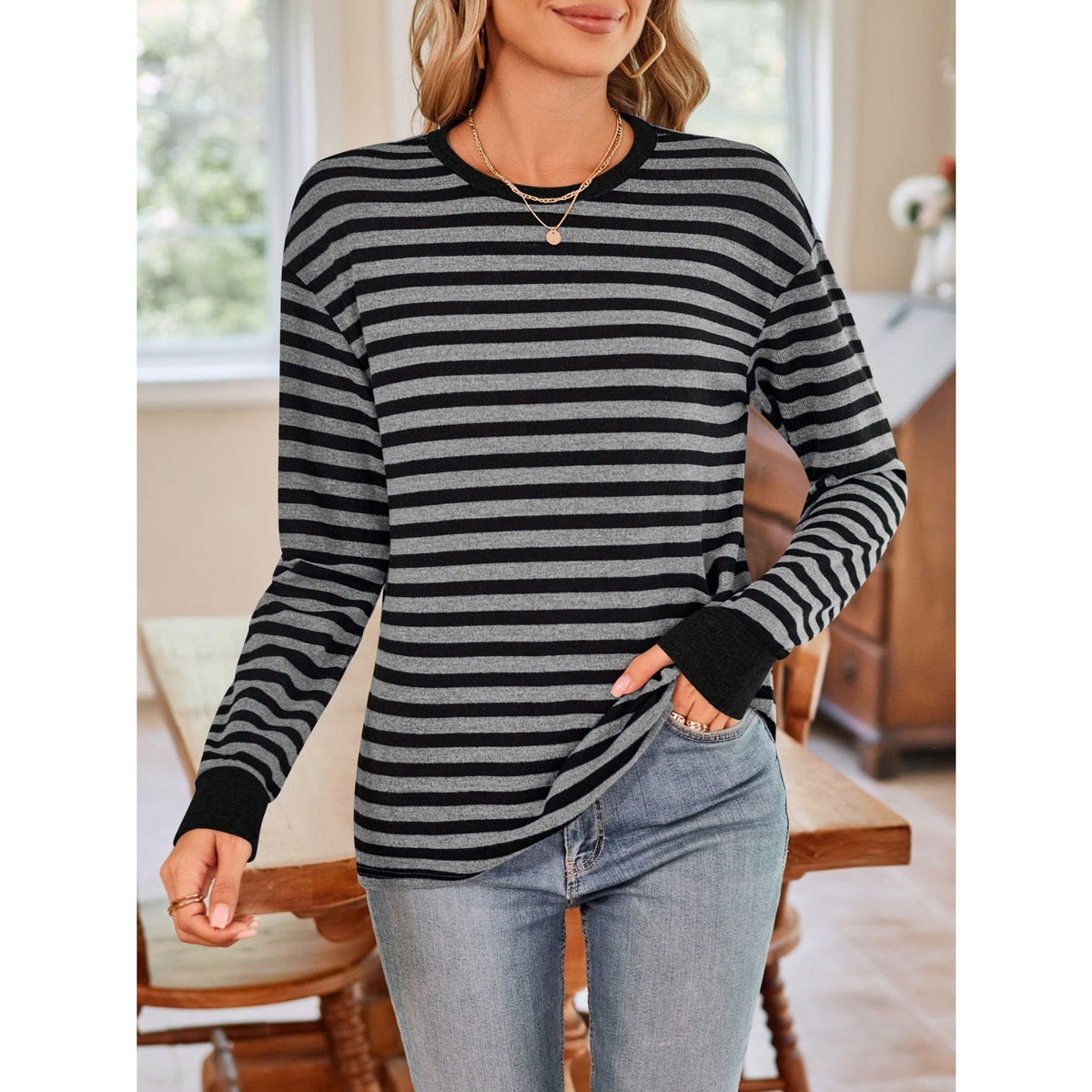 Striped Round Neck Long Sleeve T-Shirt