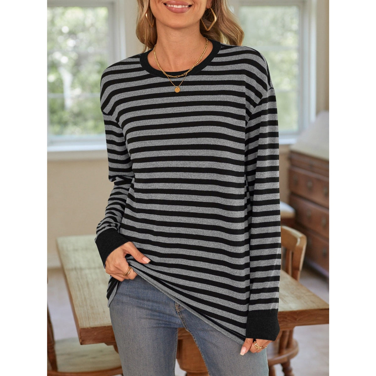 Striped Round Neck Long Sleeve T-Shirt