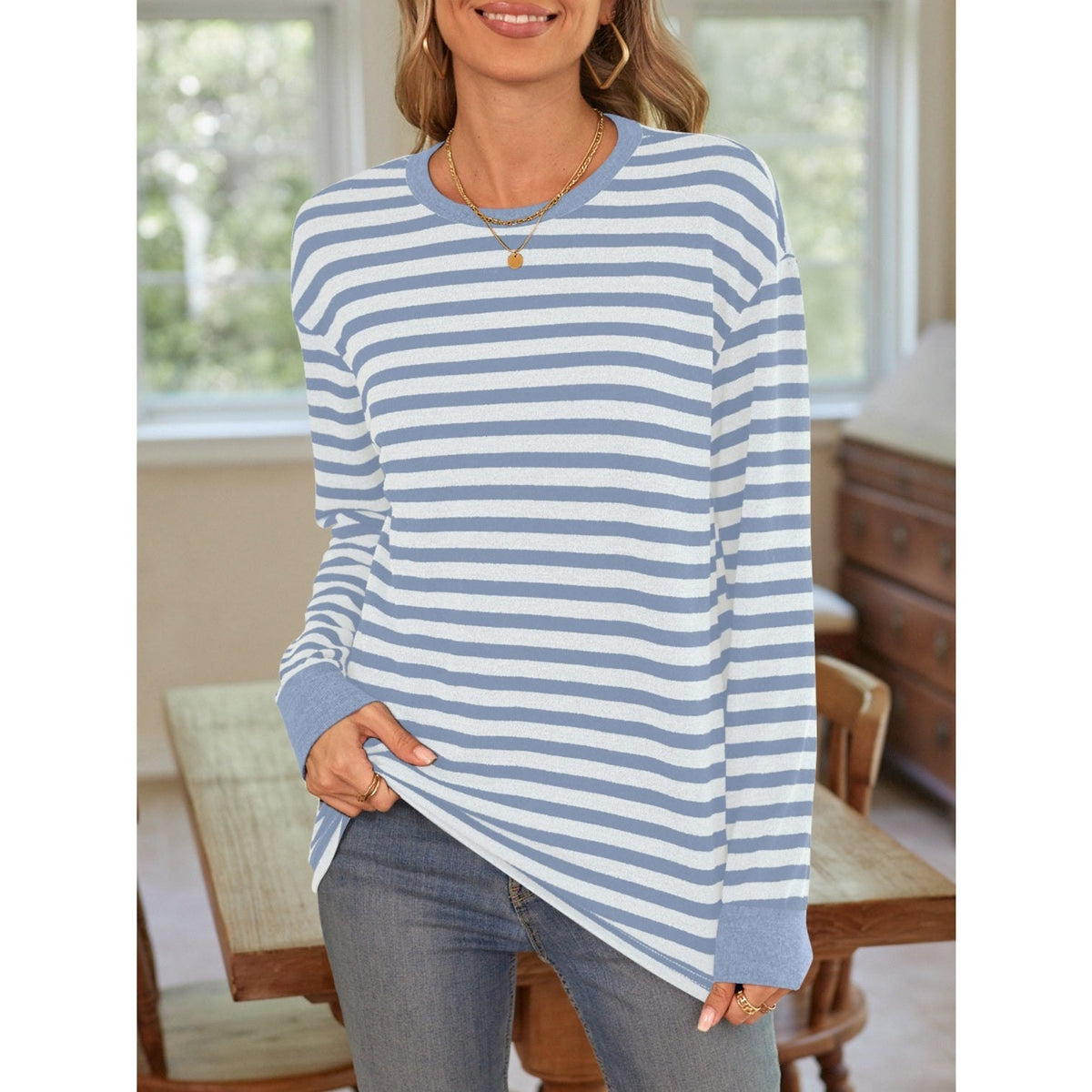 Striped Round Neck Long Sleeve T-Shirt