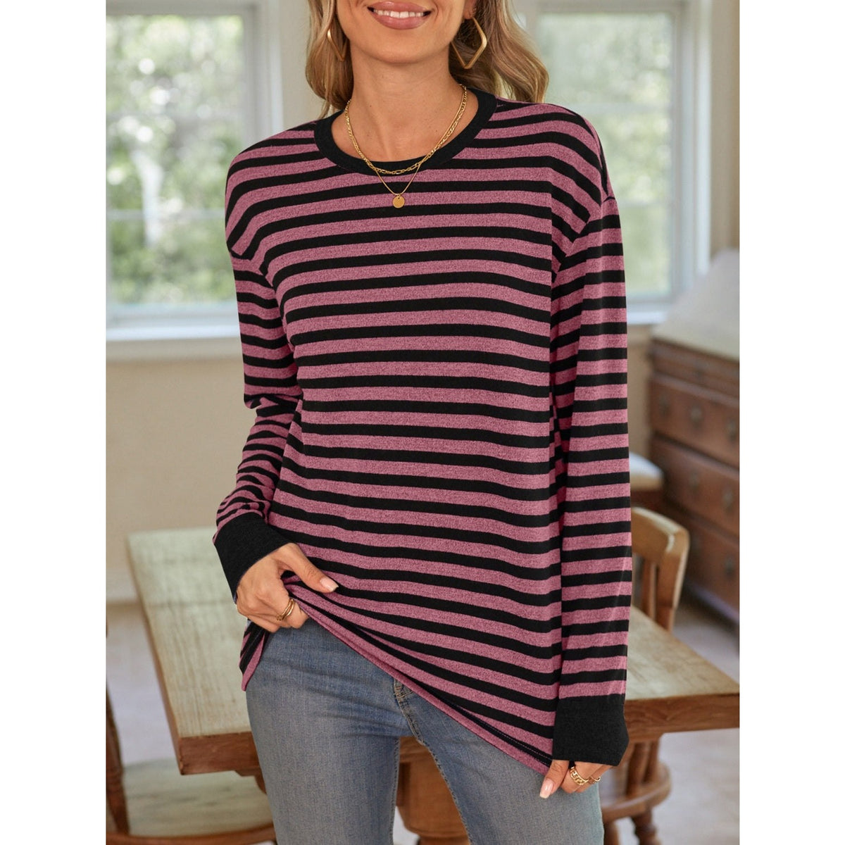 Striped Round Neck Long Sleeve T-Shirt