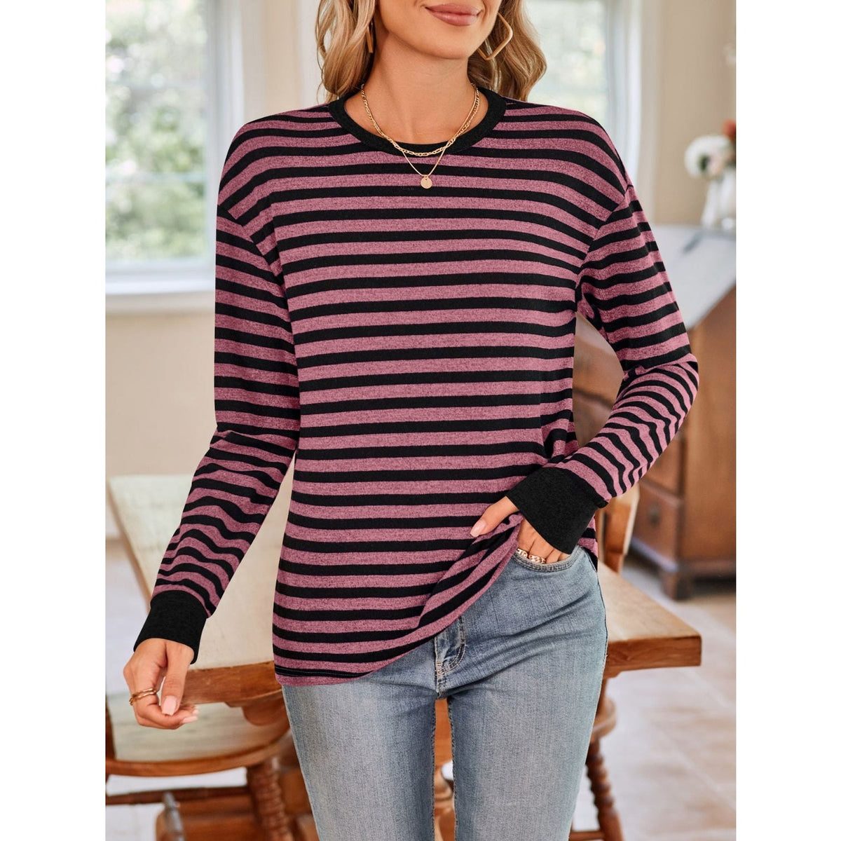 Striped Round Neck Long Sleeve T-Shirt