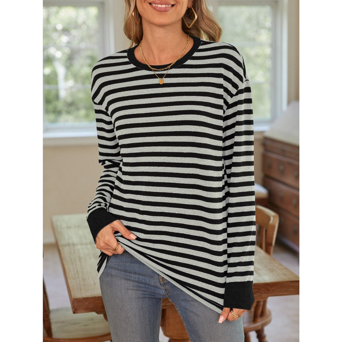 Striped Round Neck Long Sleeve T-Shirt