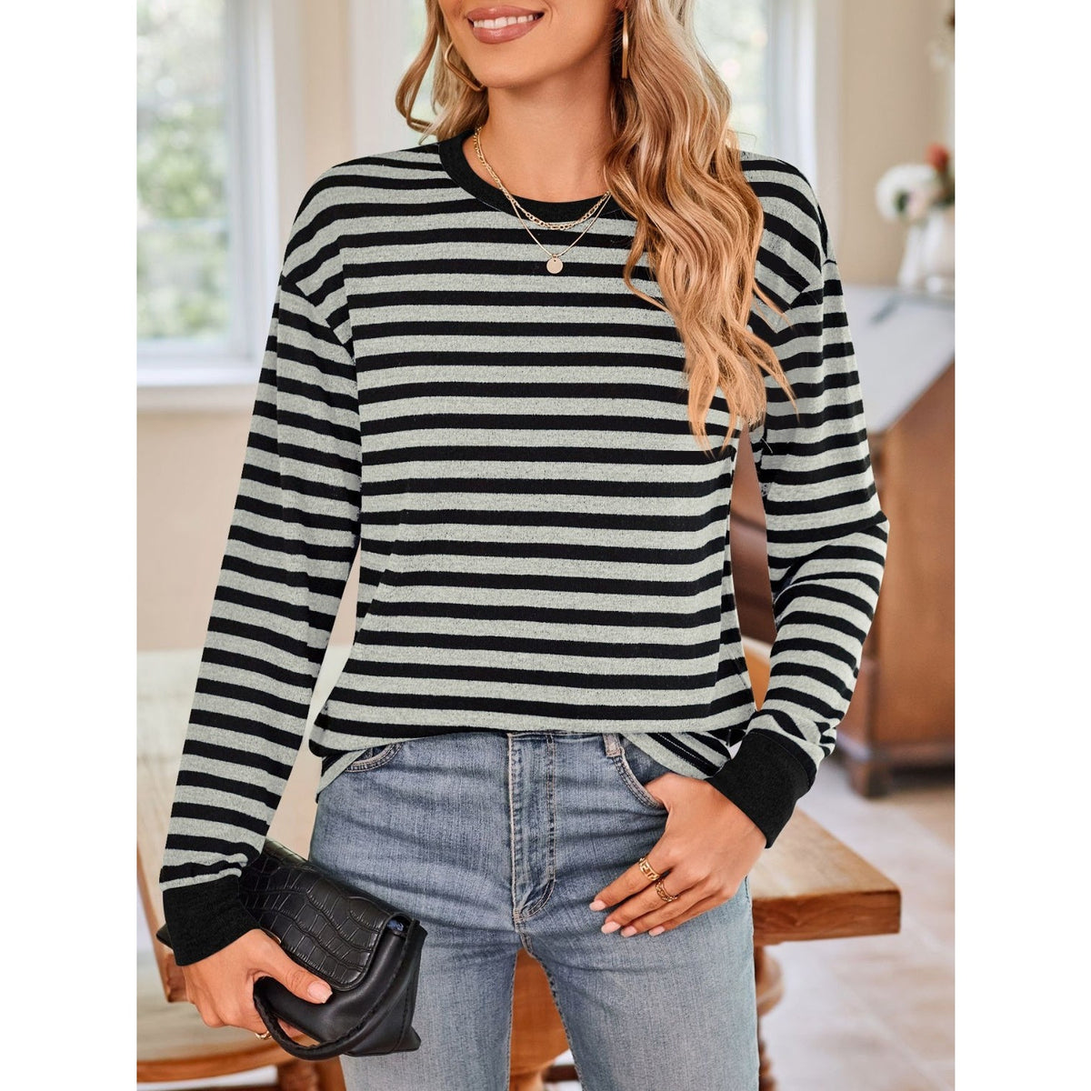 Striped Round Neck Long Sleeve T-Shirt