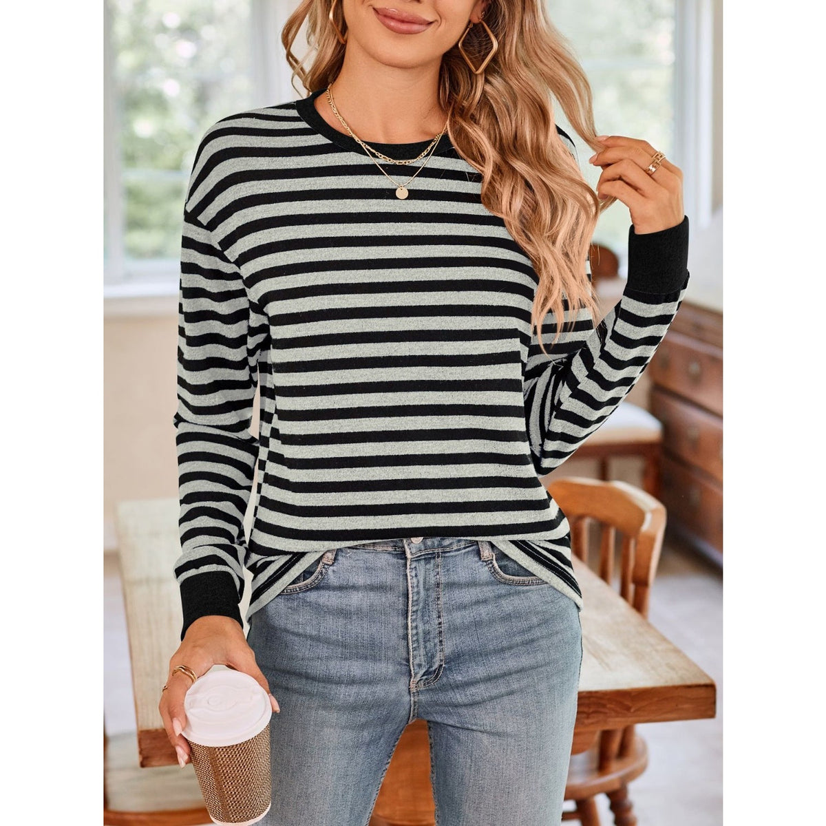 Striped Round Neck Long Sleeve T-Shirt