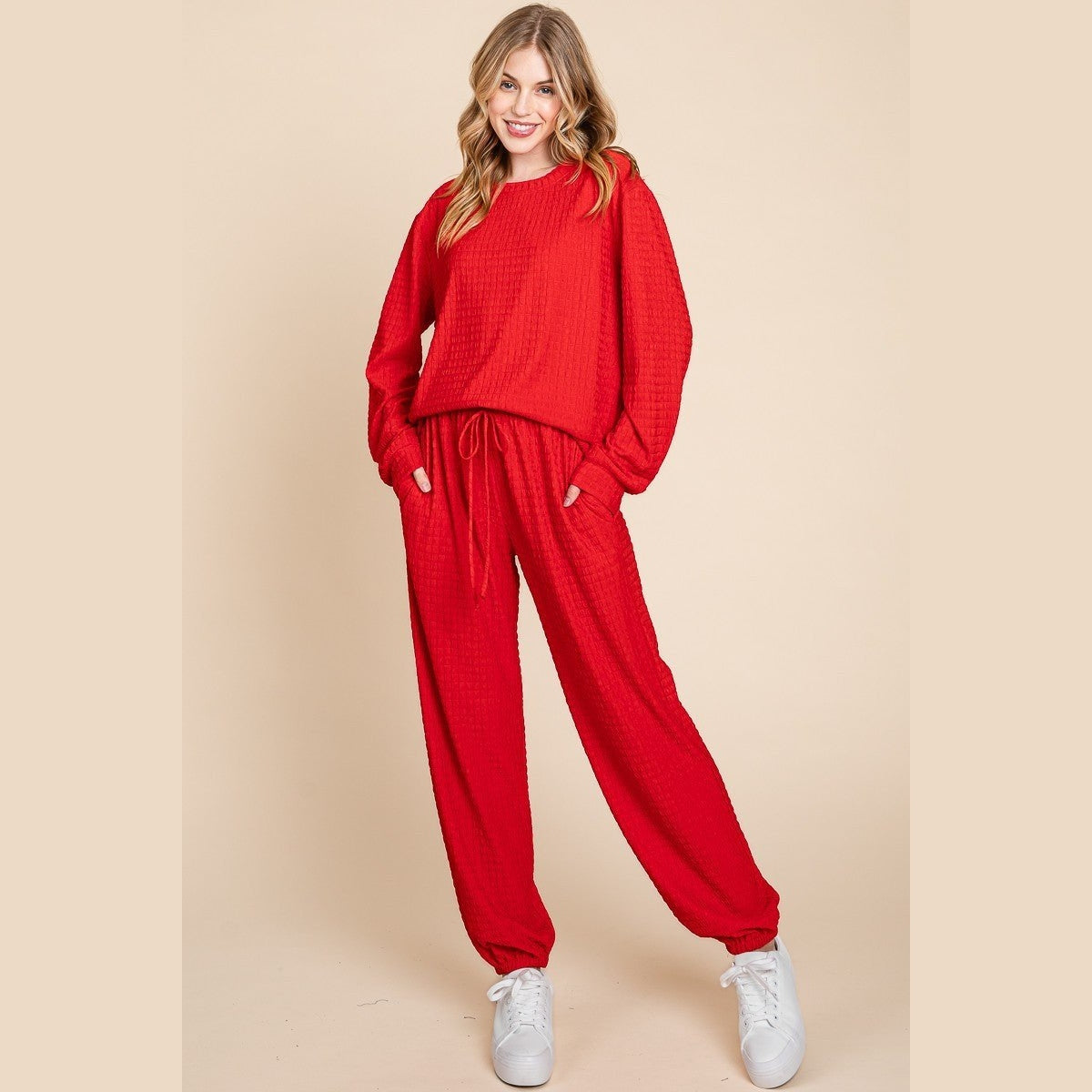 Super Lady Full Size Crinkle Check Round Neck Top and Pants Lounge Set