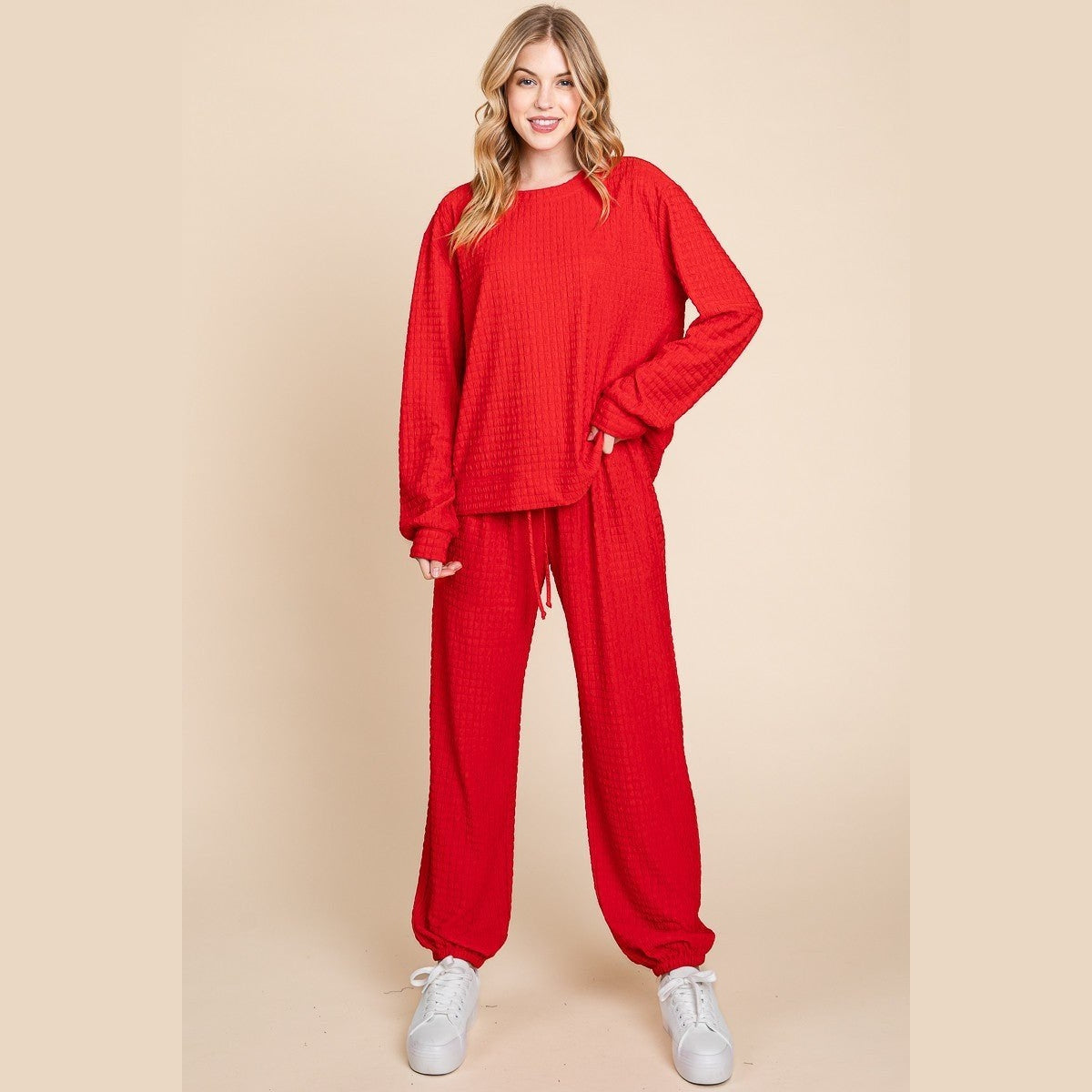 Super Lady Full Size Crinkle Check Round Neck Top and Pants Lounge Set