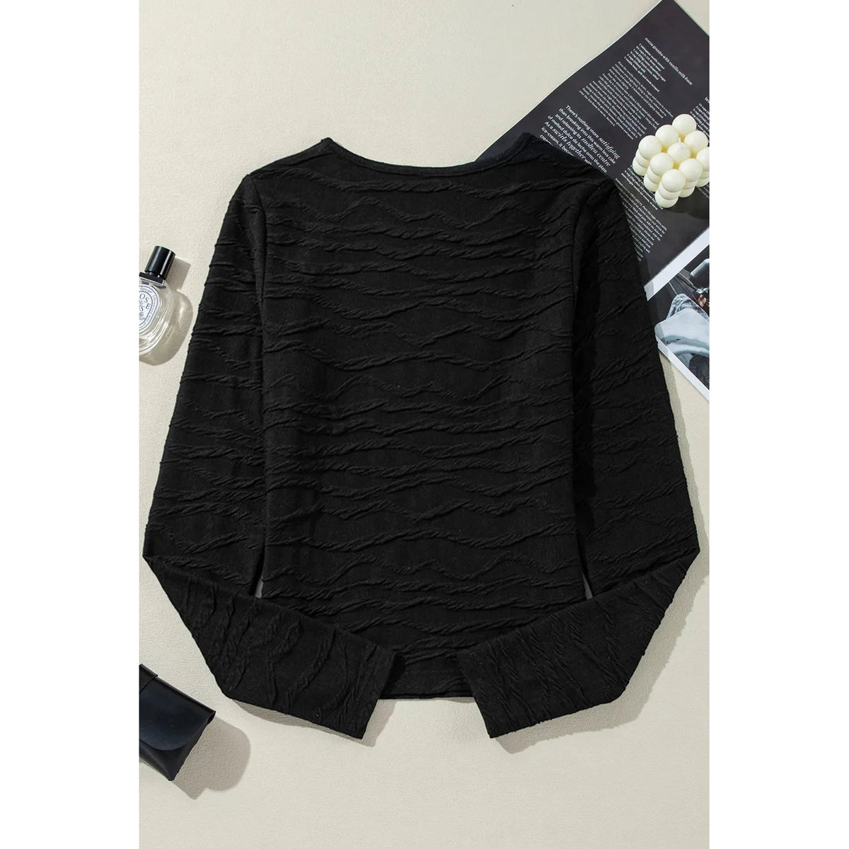 Textured Round Neck Long Sleeve Blouse