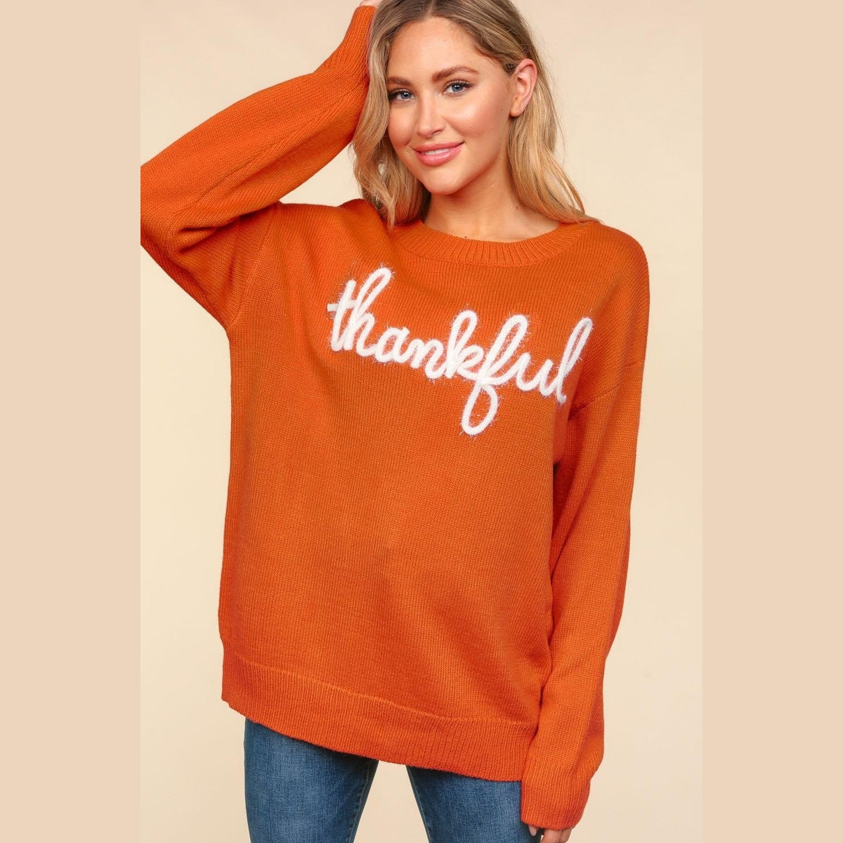 Thankful Metallic Glitter Embroidery Sweater