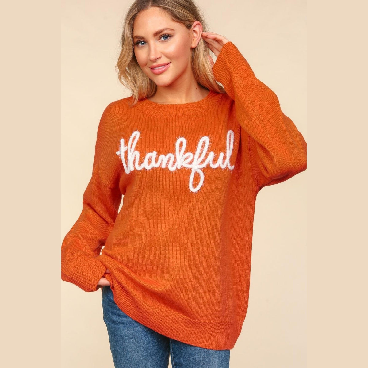 Thankful Metallic Glitter Embroidery Sweater