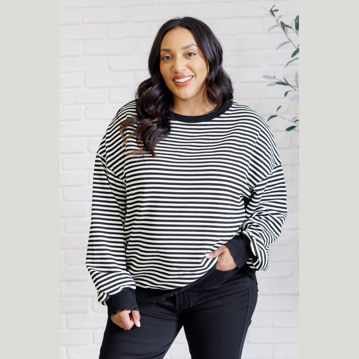 Too Good to Be True Striped Drop Shoulder Top in Black