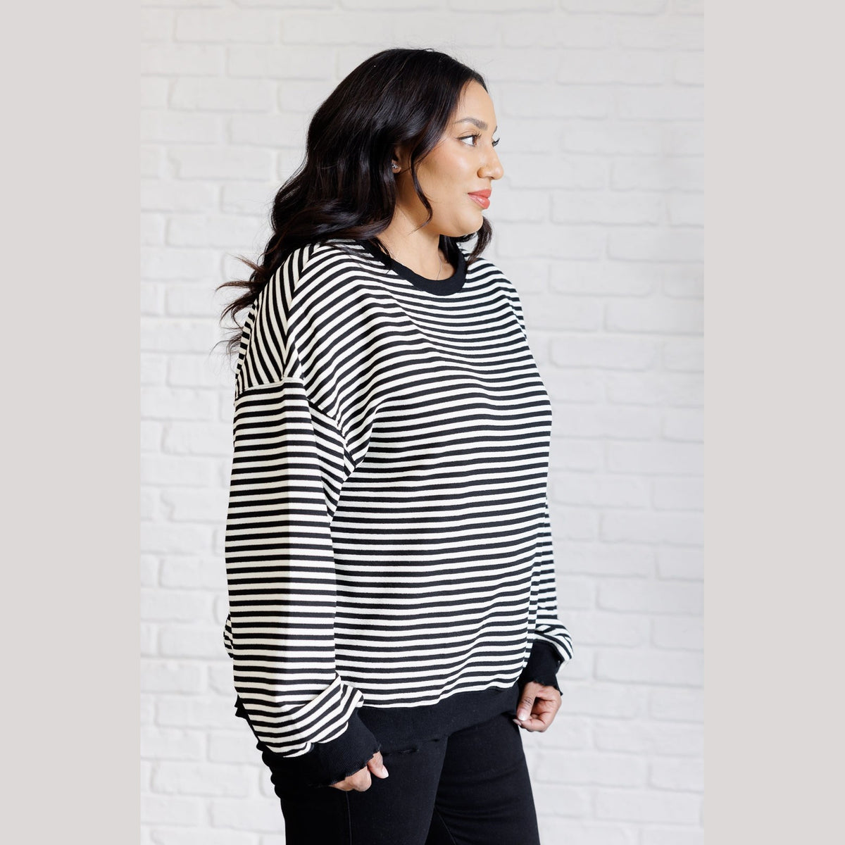 Too Good to Be True Striped Drop Shoulder Top in Black