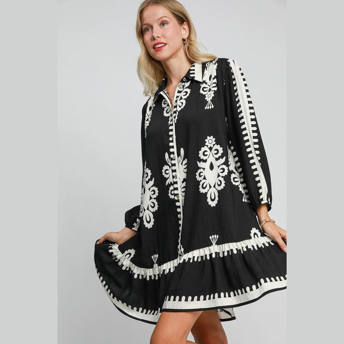 Umgee Border Print Button Down Ruffled Hem Dress