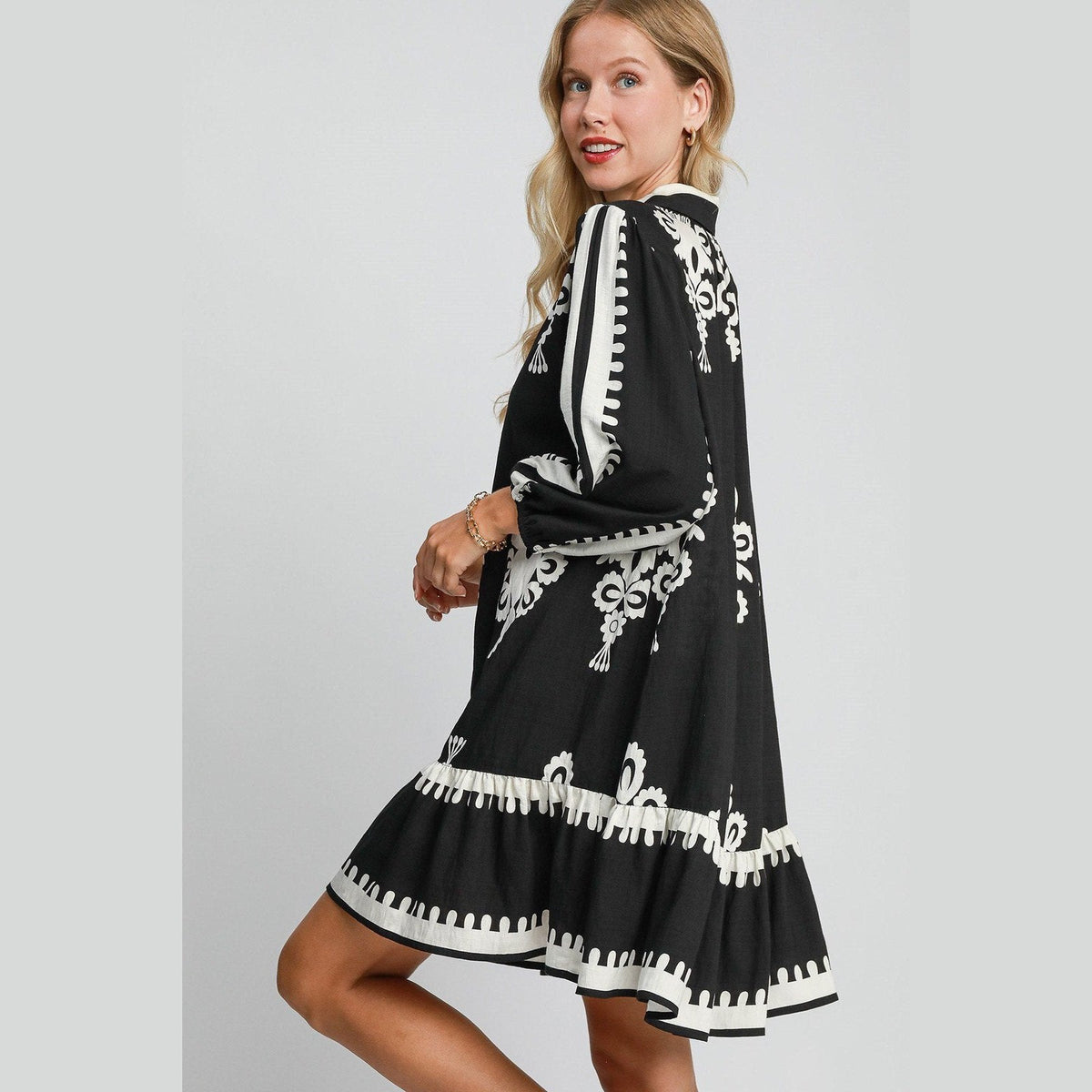 Umgee Border Print Button Down Ruffled Hem Dress