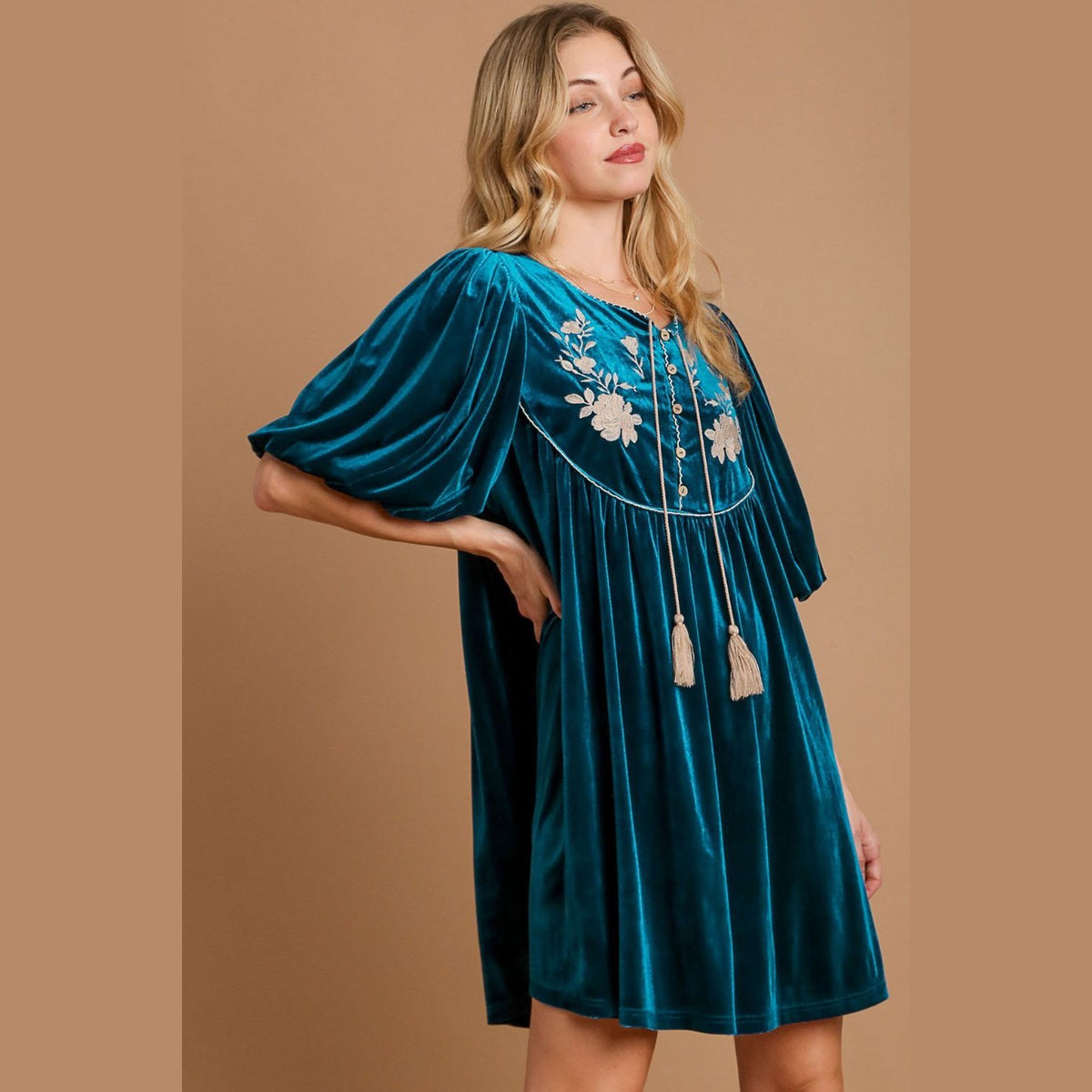 Umgee Embroidered Half Sleeve Velvet Mini Dress with Tassel