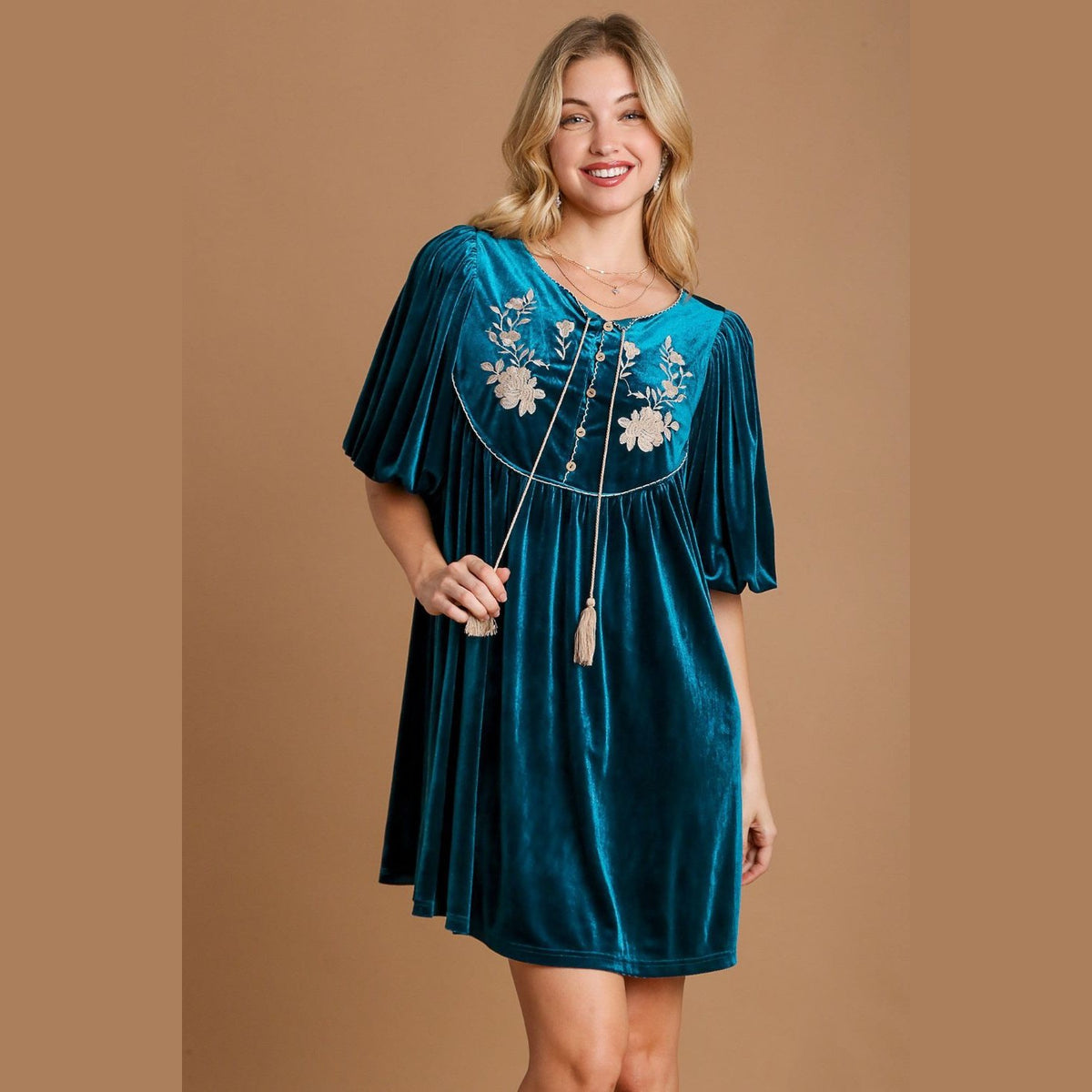 Umgee Embroidered Half Sleeve Velvet Mini Dress with Tassel