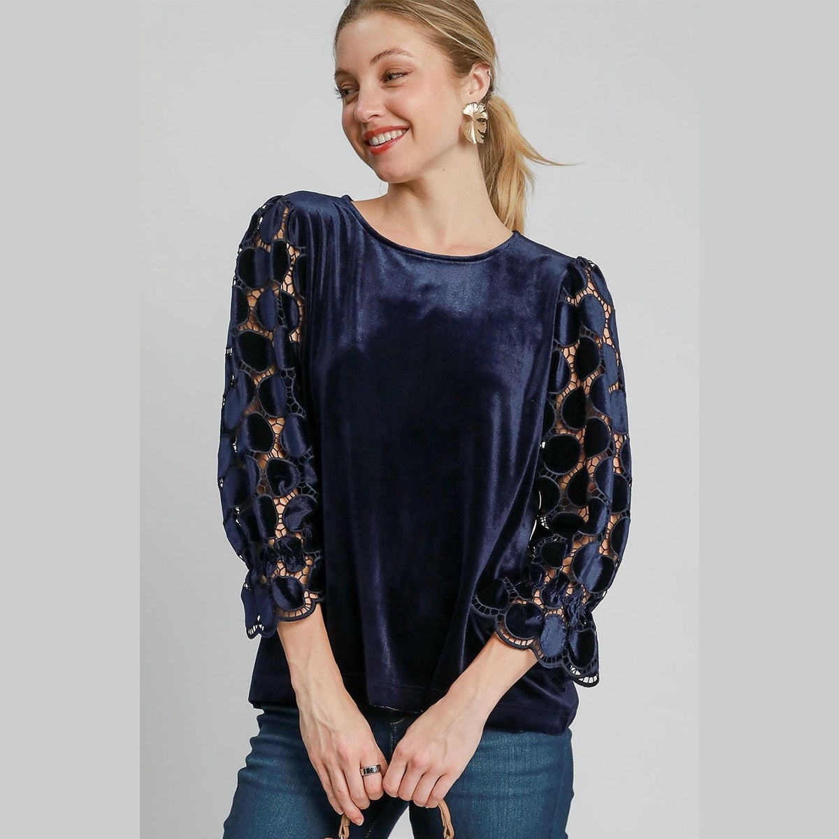 Umgee Polka Dot Lace Long Sleeve Round Neck Blouse