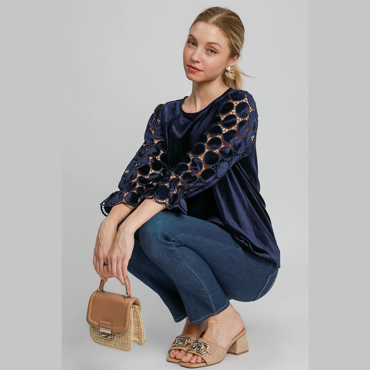 Umgee Polka Dot Lace Long Sleeve Round Neck Blouse