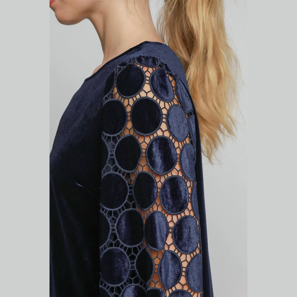 Umgee Polka Dot Lace Long Sleeve Round Neck Blouse