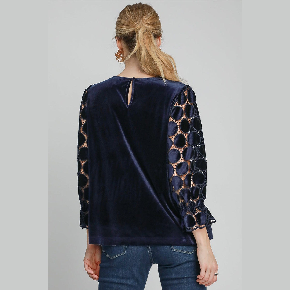 Umgee Polka Dot Lace Long Sleeve Round Neck Blouse