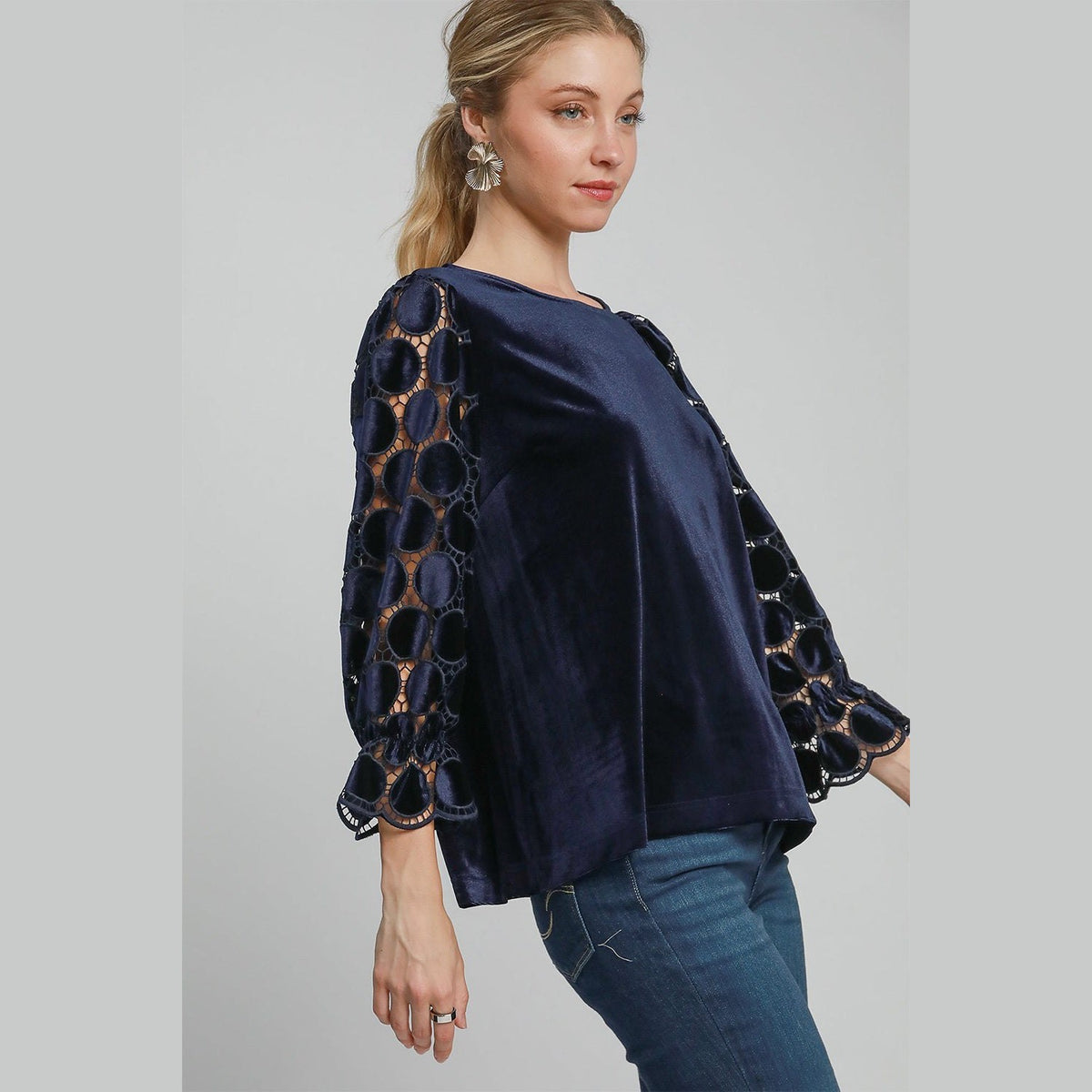 Umgee Polka Dot Lace Long Sleeve Round Neck Blouse