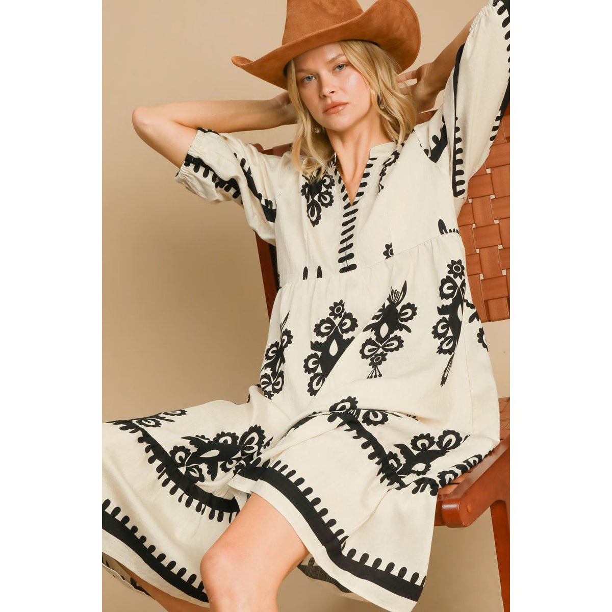 Umgee Printed Notched Midi Dress