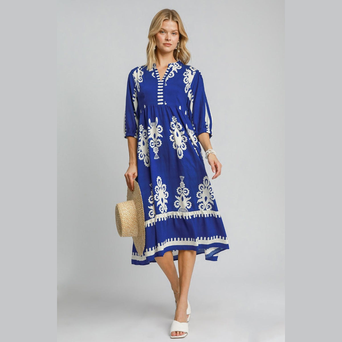 Umgee Printed Notched Midi Dress