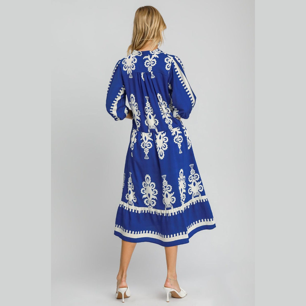 Umgee Printed Notched Midi Dress