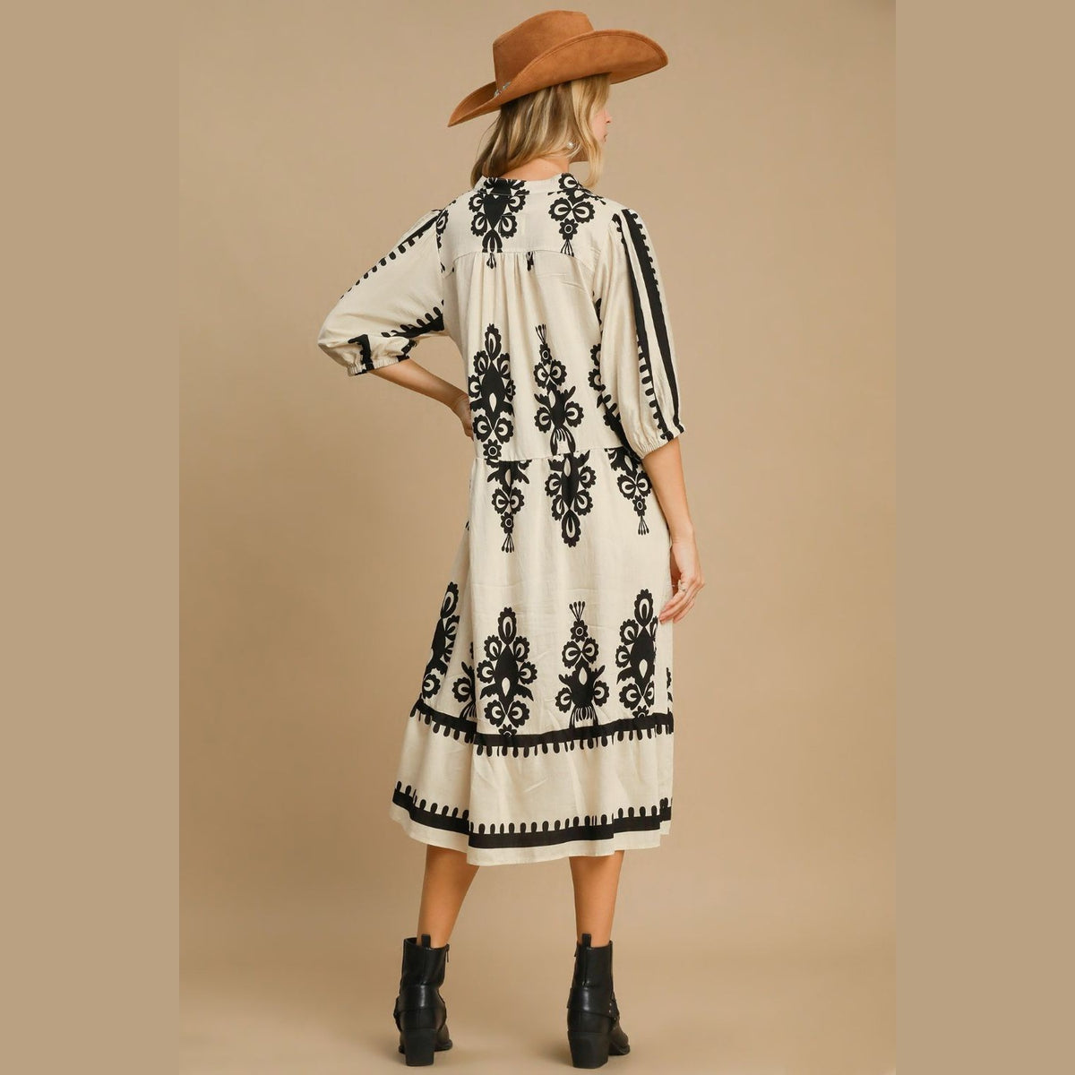 Umgee Printed Notched Midi Dress