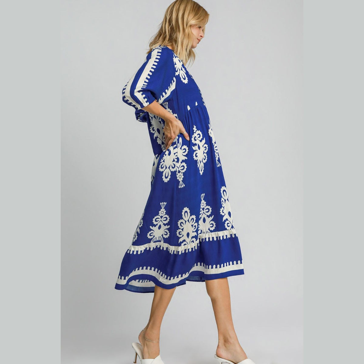 Umgee Printed Notched Midi Dress