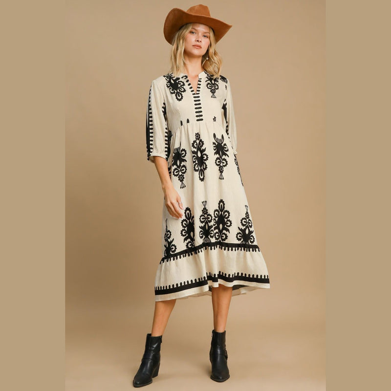 Umgee Printed Notched Midi Dress