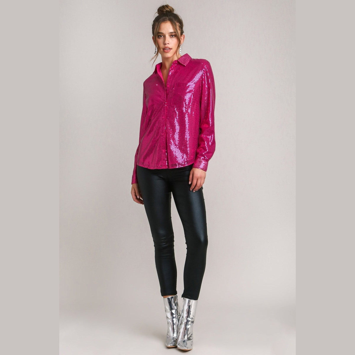 Umgee Sequin Long Sleeve Shirt with Side Chest Pocket