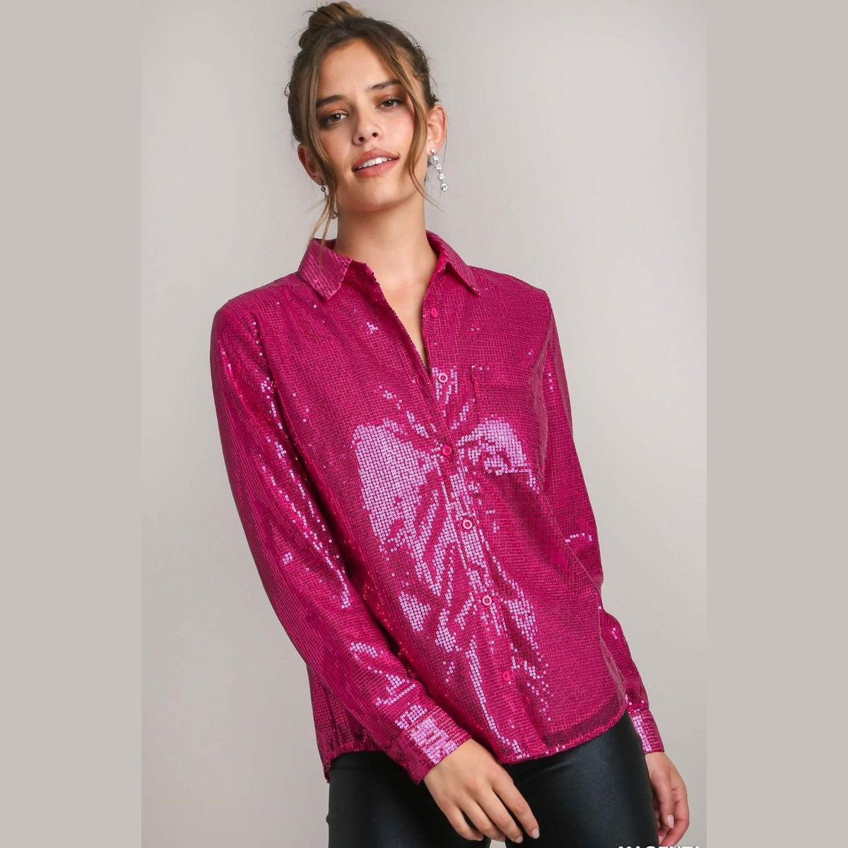 Umgee Sequin Long Sleeve Shirt with Side Chest Pocket